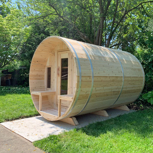 Tranquility Hybrid Cedar Barrel Sauna with Porch | Canadian Made Hemlock  and Red Cedar Barrel Sauna - hottubchemicals
